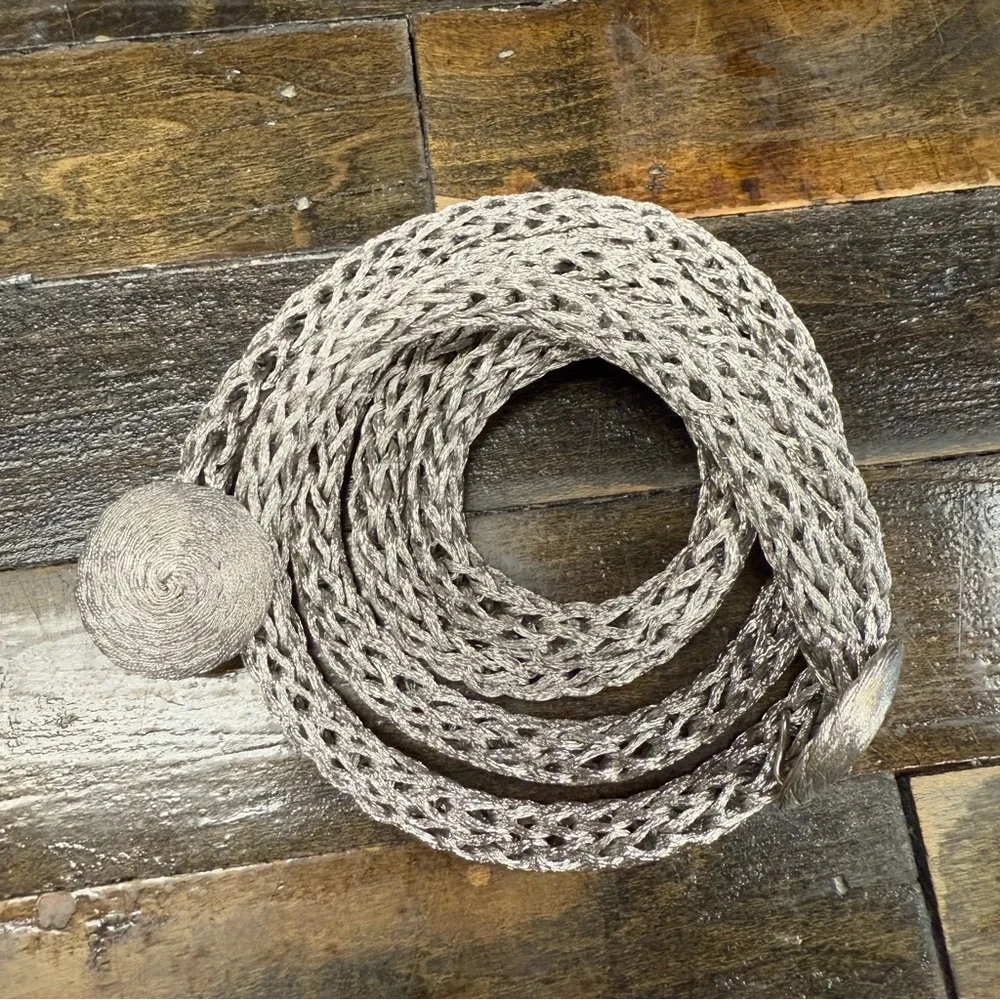 Vintage Silver Braided Rope Belt 70s Boho Glam w/ Hook Closure 46”